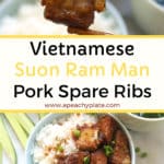 Pinterest pin image close up of pork ribs and bowl of rice and ribs