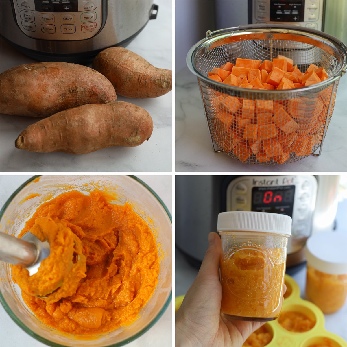 2x2 grid pictures. Upper Left square picture with yams. Upper Right square picture of cut up yams in basket. Lower left square picture immersion blender blending yams. Lower right square picture of mason jar with puree yams. 