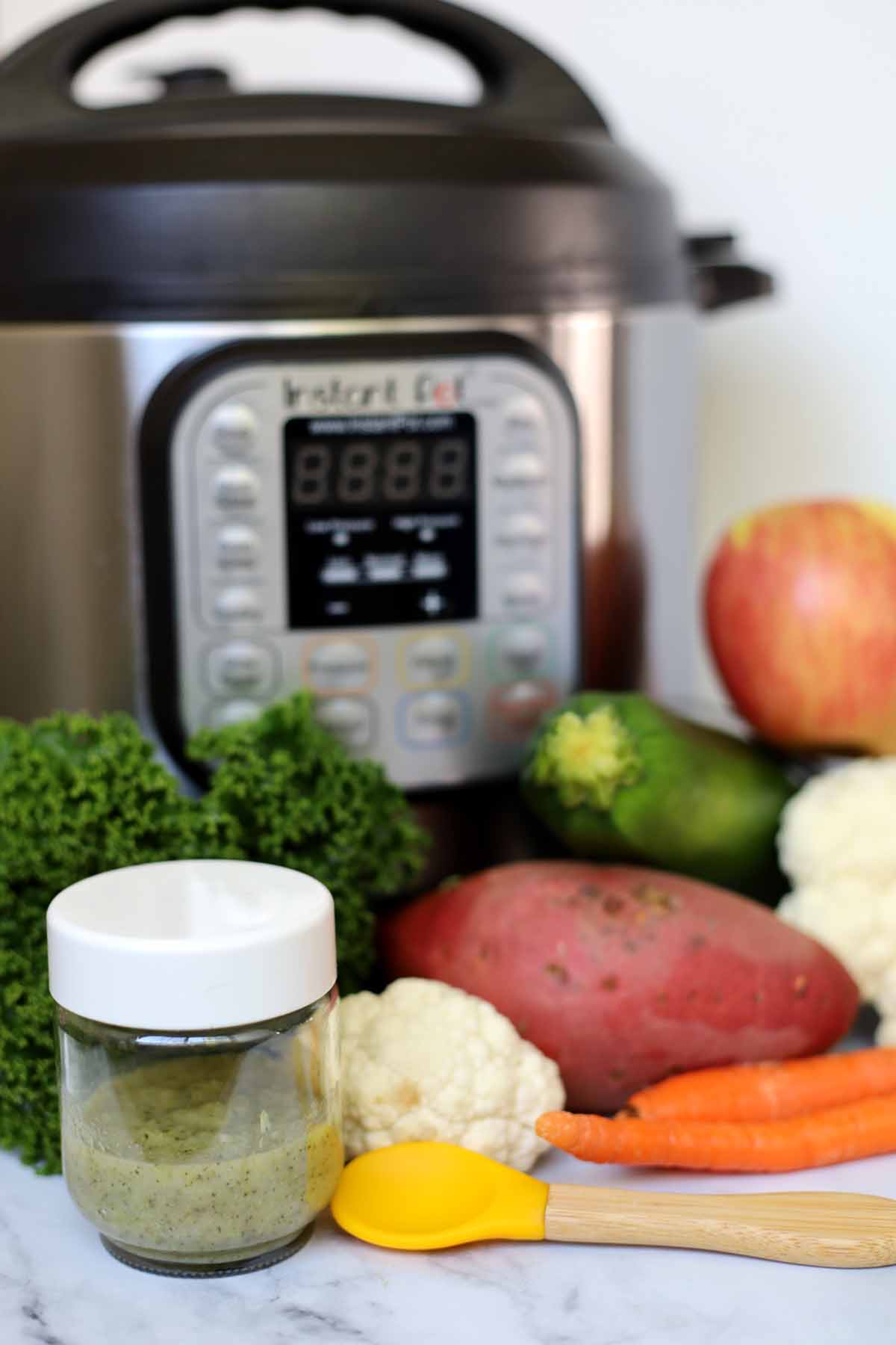vegetables in background with instant pot
