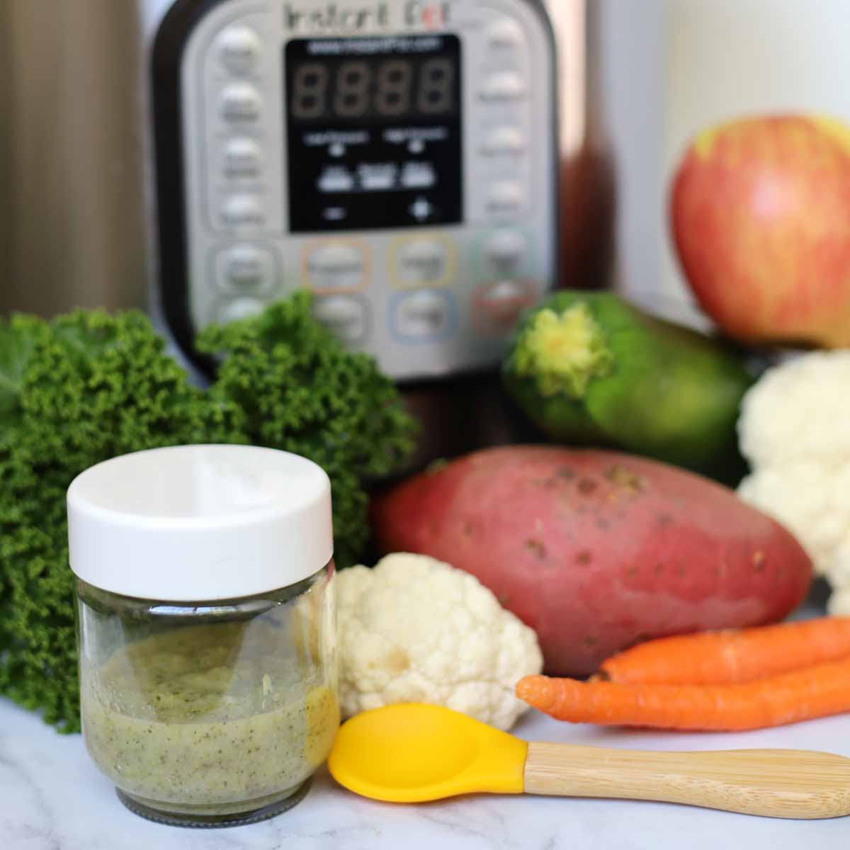 Baby food, vegetables in background with instant pot