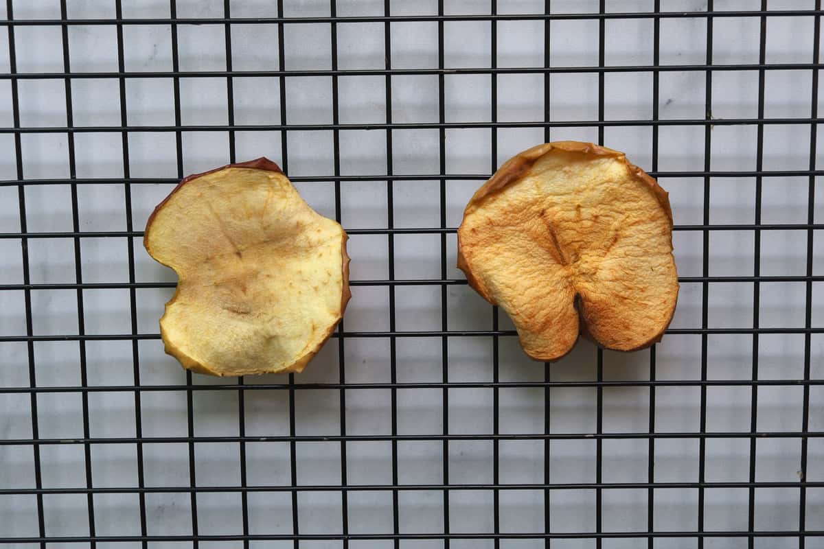 Apple chips 2 side by side comparison uncooked versus cooked. 