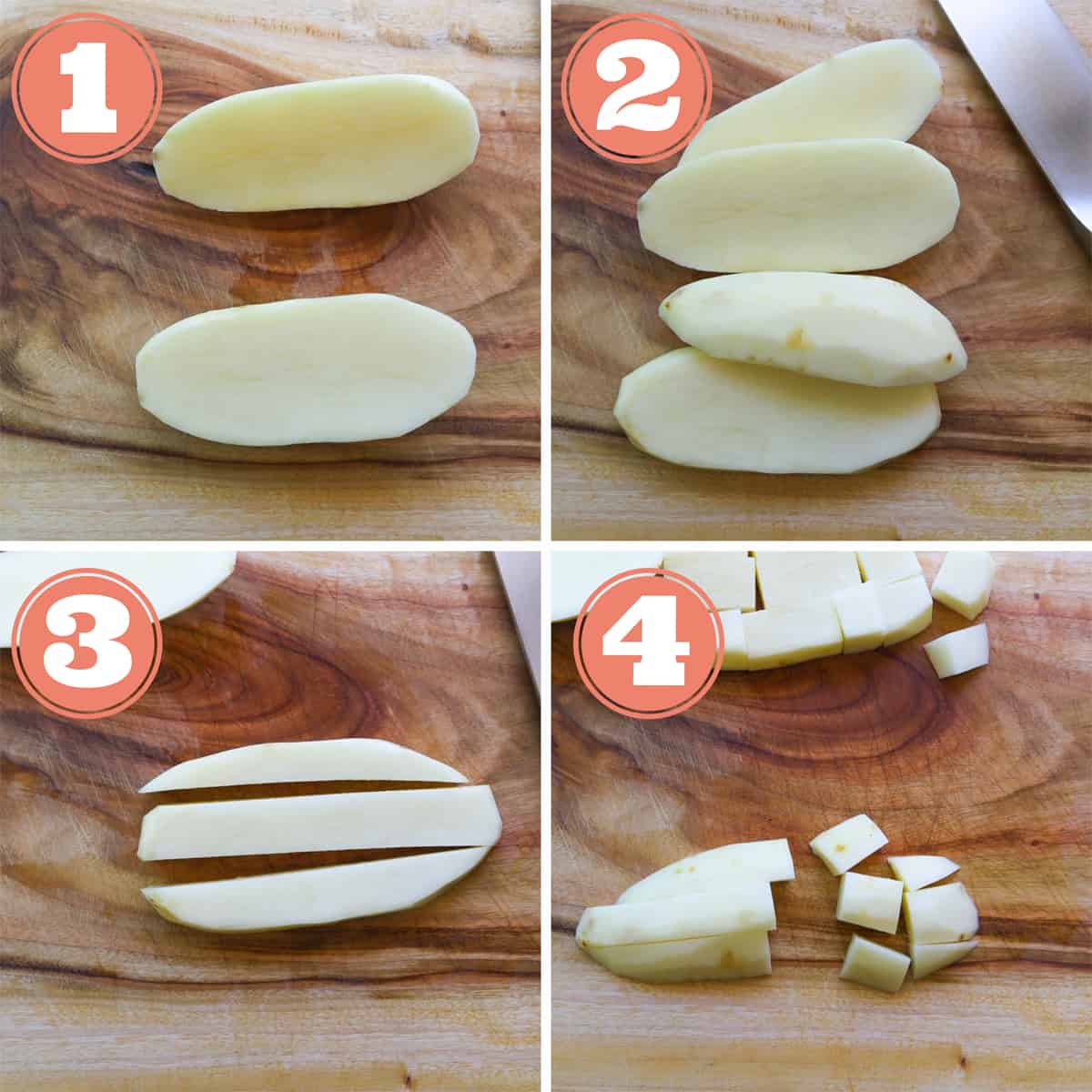 4 grid image. First grid one potato cut in half. Second grid potato cut in fours. Third grid potato piece cut in thirds lengthwise. Fourth grid potatoe piece cut into 1 inch cubes.