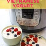 Pressure cooker pot with two small bowls of yogurt topped with raspberries and blueberries