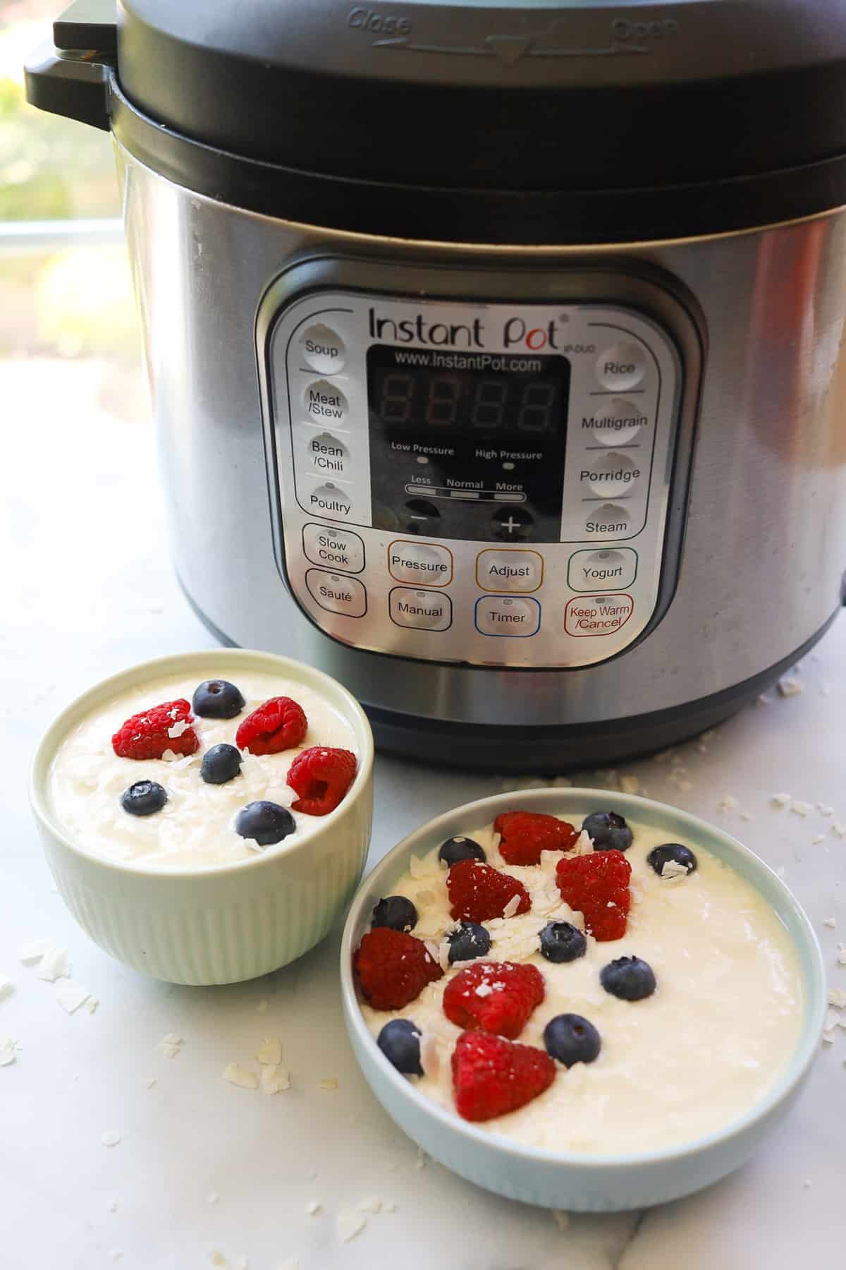 Pressure cooker with 2 bowls yogurt with scattered blueberries and raspberries