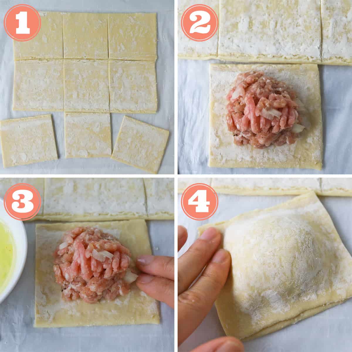 Step by step grid. Box one, cute square pastry. Box two, meat filling placed in middle of pastry. Box 3 adding egg whites to edges of pastry with fingers. Box 4 sealing pastry edges with finger. 