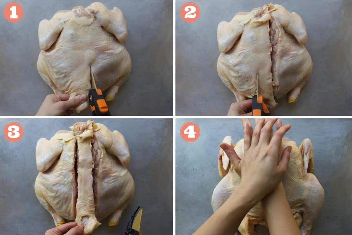 Grid collage, first grid of spatchcocked chicken with scissors cutting backbone, second grid spatchcocked chicken with scissors cutting backbone, third grid chicken with backbone detached, fourth grid of hands pushing on chicken's breast bone.