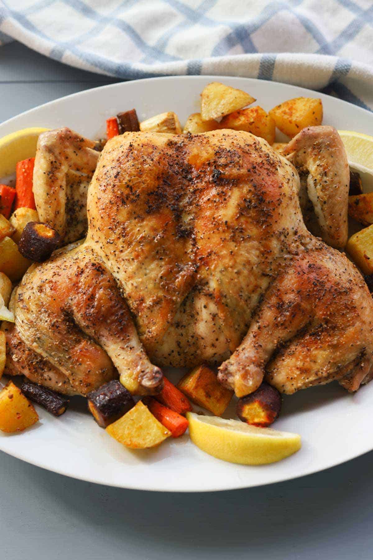 Roasted chicken with cooked vegetables garnished with lemon