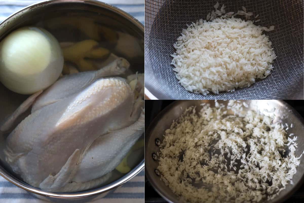 Three image collage. Left image pot of water with whole chicken, onion and ginger. Upper right image of rice in colander. Bottom right image of rice sautéing in pan.