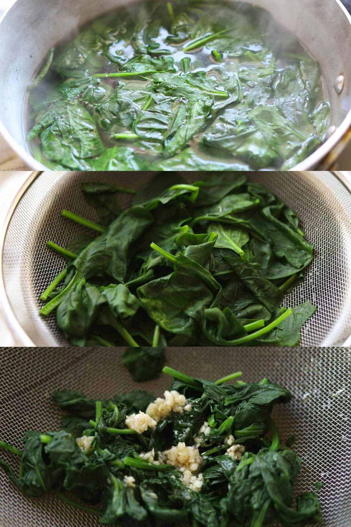 Collage of three images. Top image of  spinach cooking in hot water. Middle image of spinach draining in colander. Bottom image of cooked spinach with garlic seasoning.