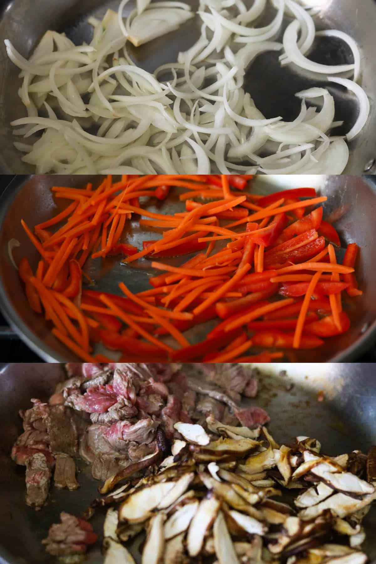 Collage of 3 images. Top image of sliced onions cooking in pan. Middle image of sliced carrots and bell peppers cooking in pan. Bottom image of sliced beef and mushrooms cooking in pan. 