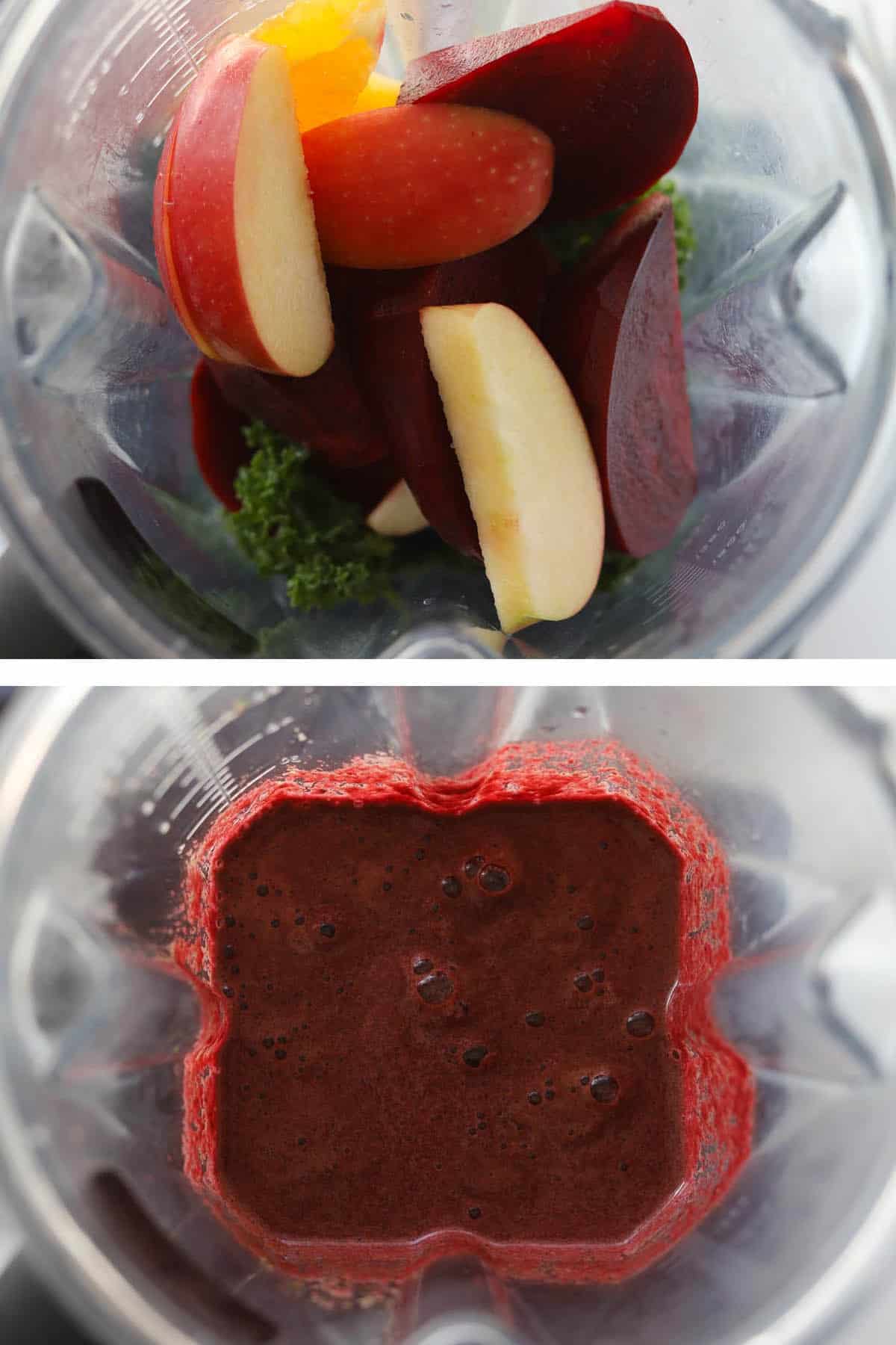 Collage of two images. Top image of fruit and green kale in a blender. Bottom image of blended fruit and vegetables.