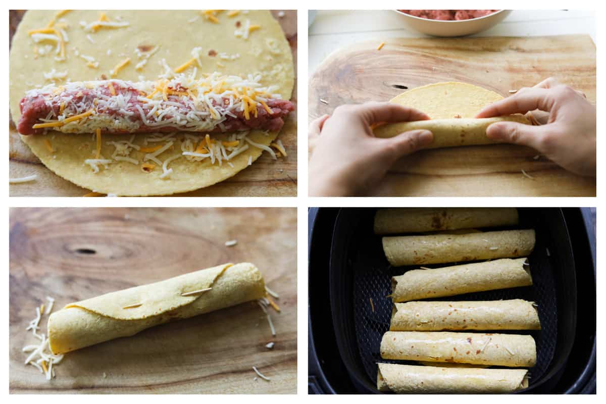 Collage image. Top left image of tortilla with meat filling and cheese. Top right image of hands rolling a taquito. Bottom left image of rolled taquito with toothpick securing the roll. Bottom right image of 6 uncooked taquitos in an air fryer basket.