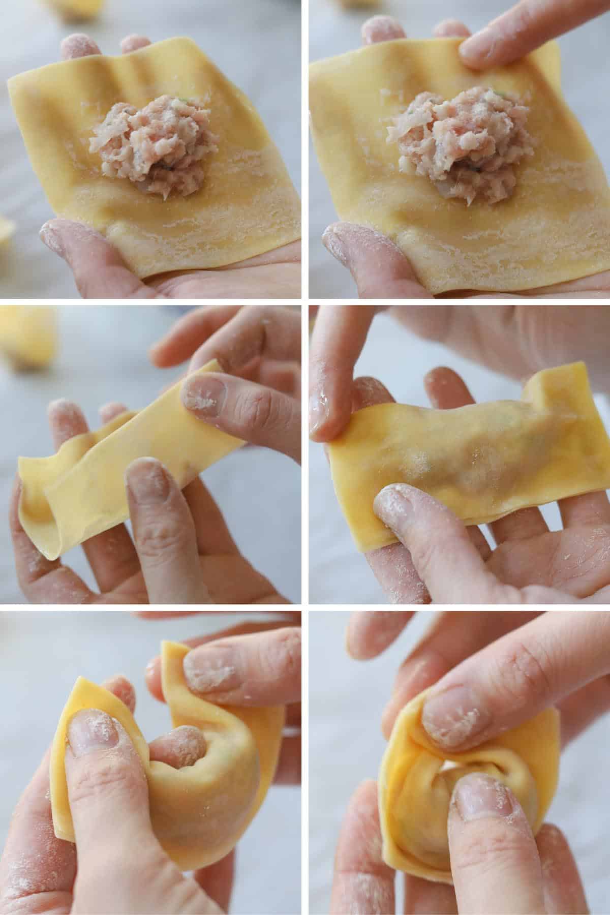 Collage image of step by step directions of how to fold a wonton.