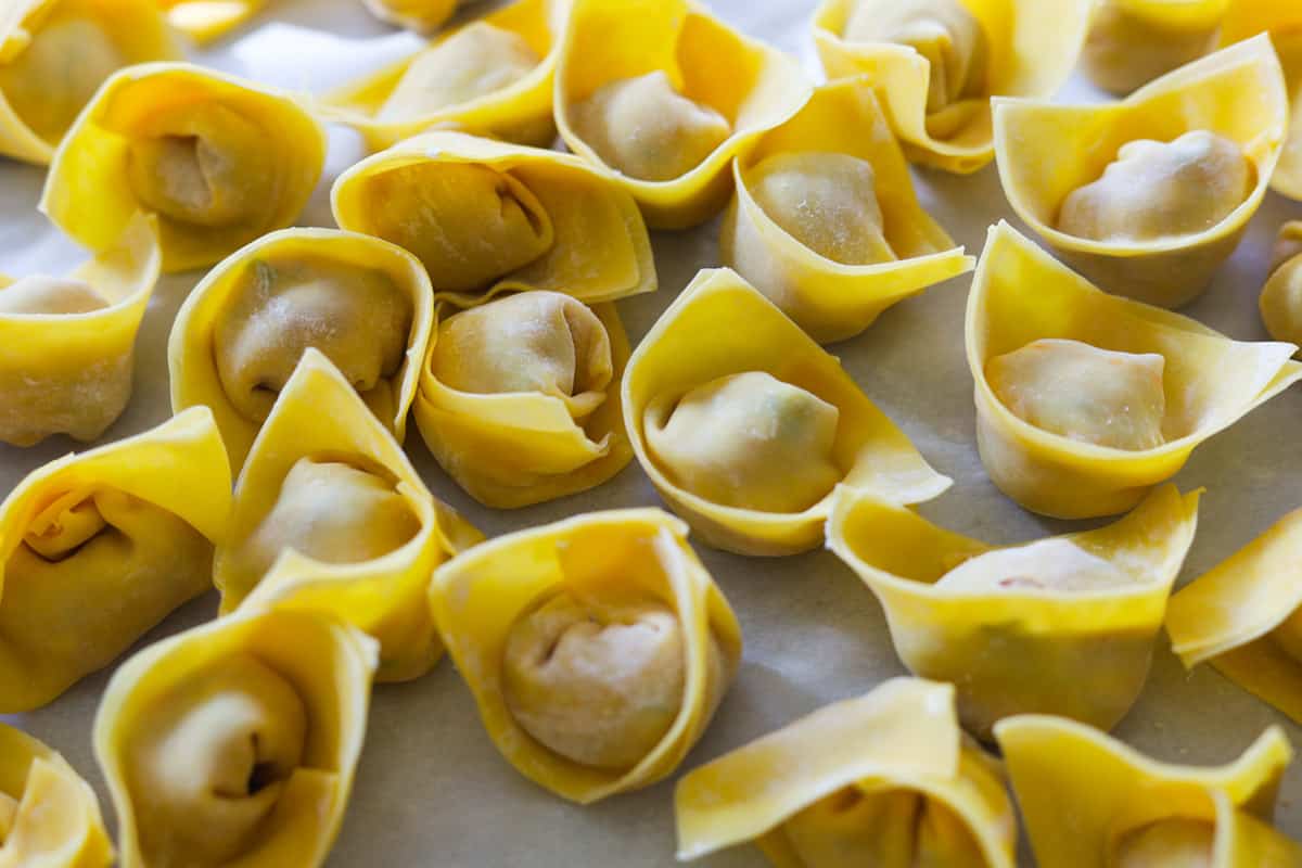 Closeup image of folded wontons.