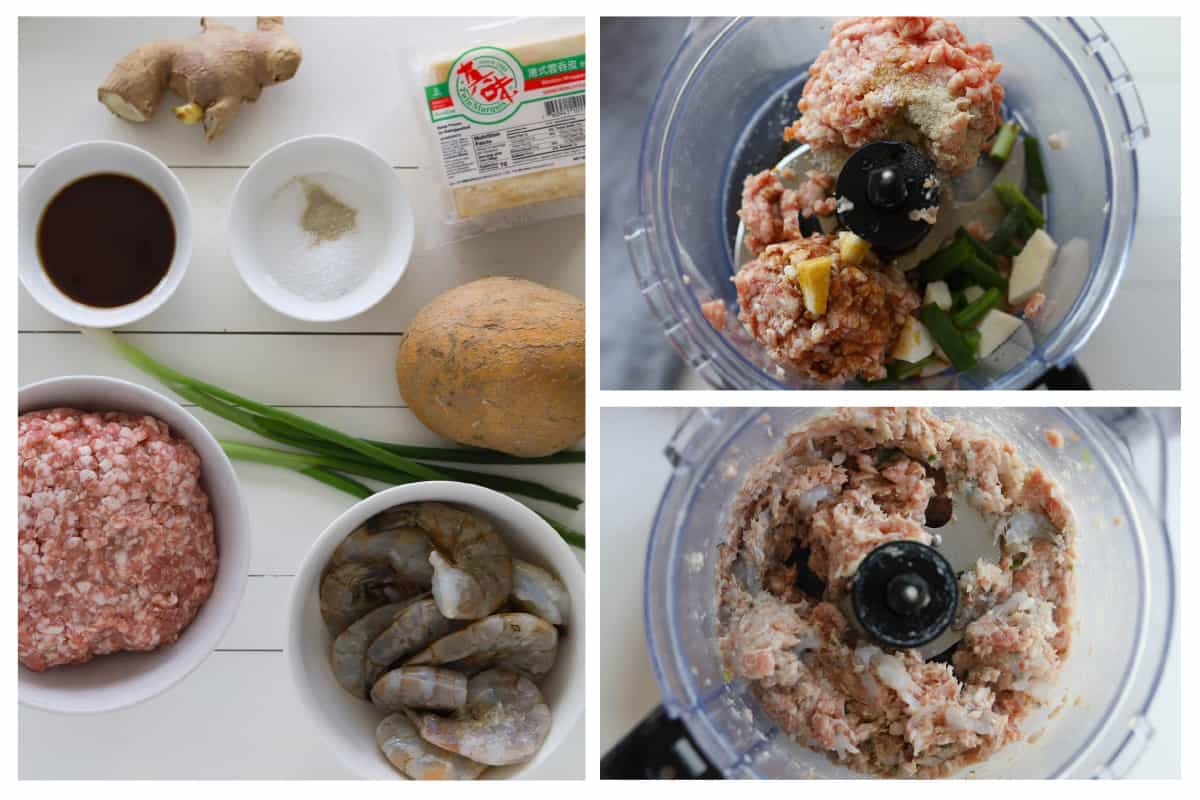 Collage image of wonton filling. Left image of ginger, soy sauce, seasoning, ground pork, raw shrimp, jicama, green onion and wonton wrapper. Right top upper image of ingredients in a food processor. Bottom image of minced ingredients in food processor.