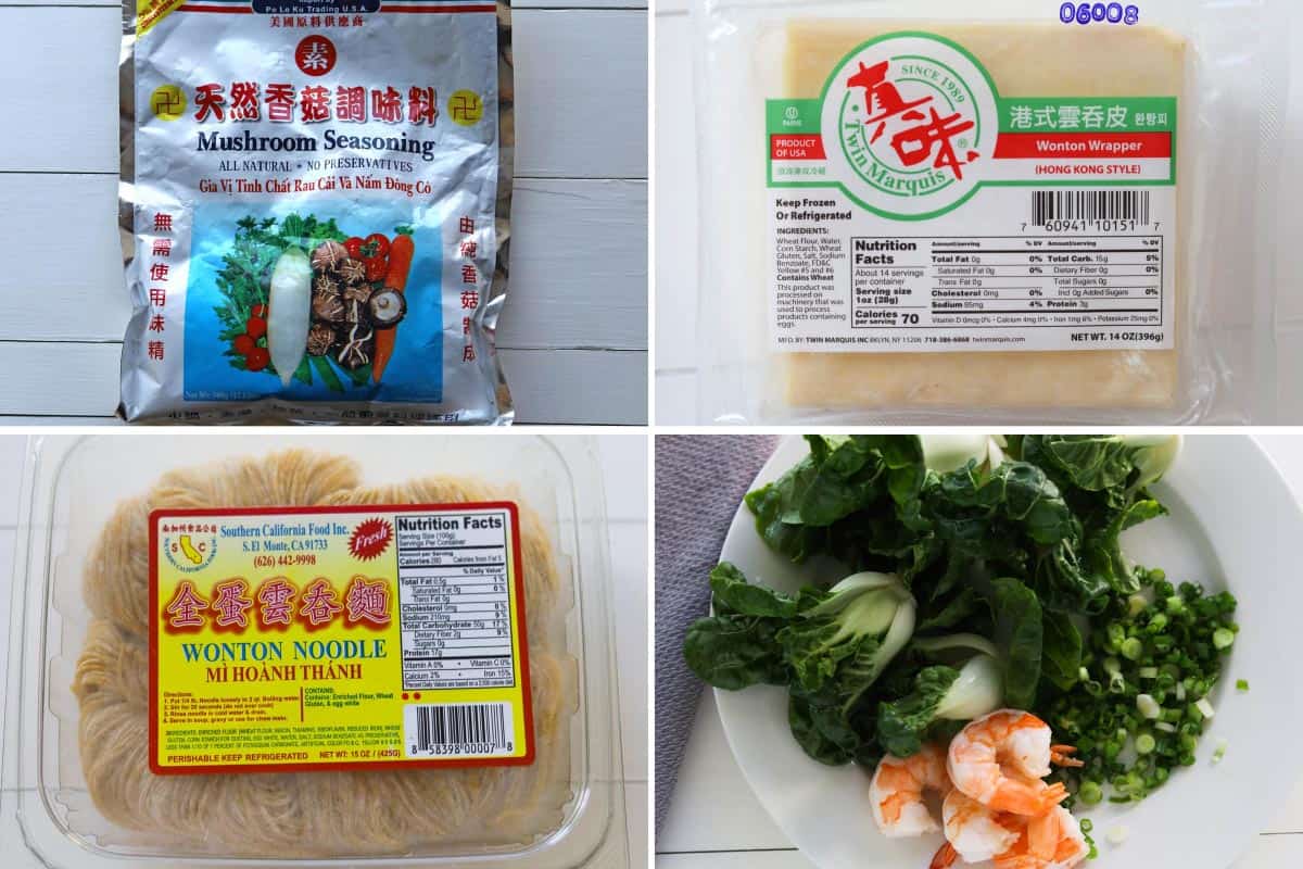 Collage image. Top left image of package of mushroom seasoning, bottom left image of egg noodles package. Top right image of wonton wrappers, bottom right image of plate of bokchoy, green onions and cooked shrimp. 