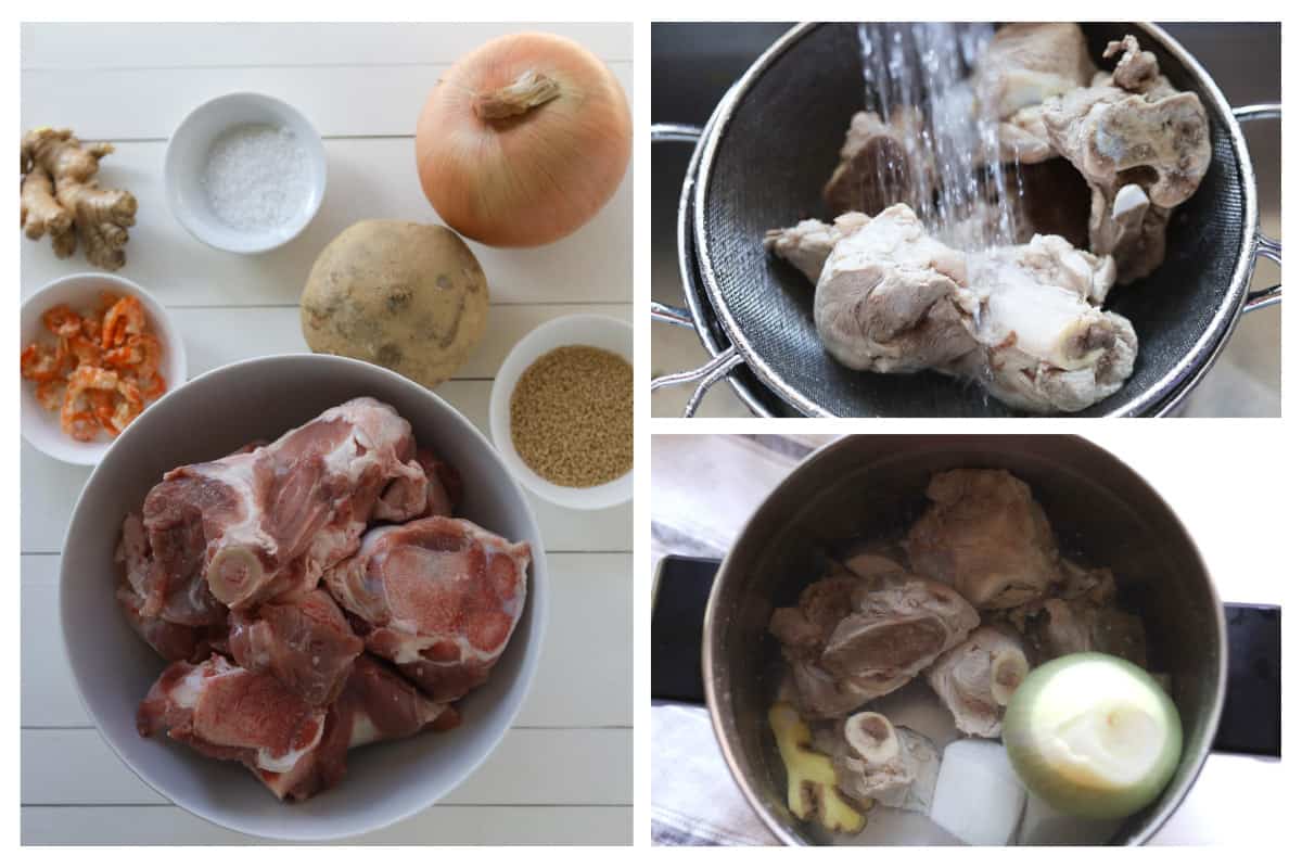 Collage picture. Left image of ingredients for broth; garlic pork bones, dried shrimp, jicama root, salt, mushroom seasoning and onion. Top right image of cooked pork bones being washed in colander. Bottom right image of all ingredients in a stock pot.