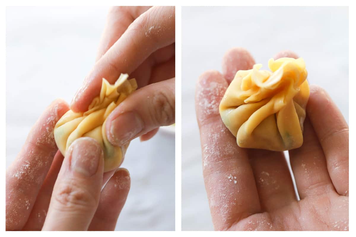 Collage image of how to easily fold a wonton by scrunching the edges together.