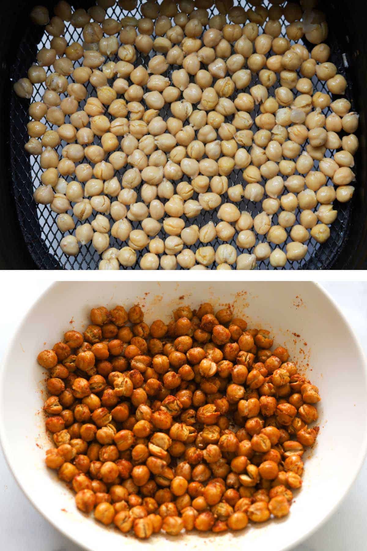 Grid image. Top image of uncooked soaked garbanzo beans in an air fryer basket. Bottom image of cooked beans with seasoning in a bowl.