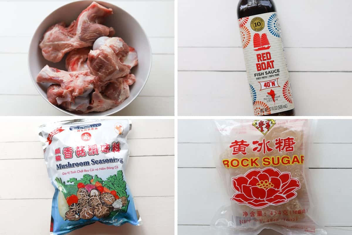 Grid image of ingredients. Top left image of pork bones. Top right image of fish sauce bottle. Bottom left image of mushroom seasoning. Bottom right image of rock sugar.