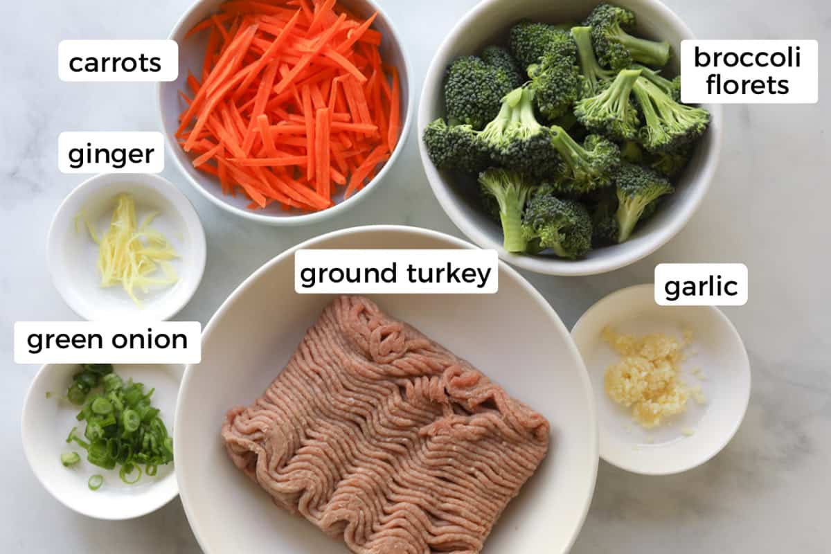 Image of ingredients on table. Sliced green onions, sliced ginger, minced garlic, ground turkey meat, broccoli florets and carrots.