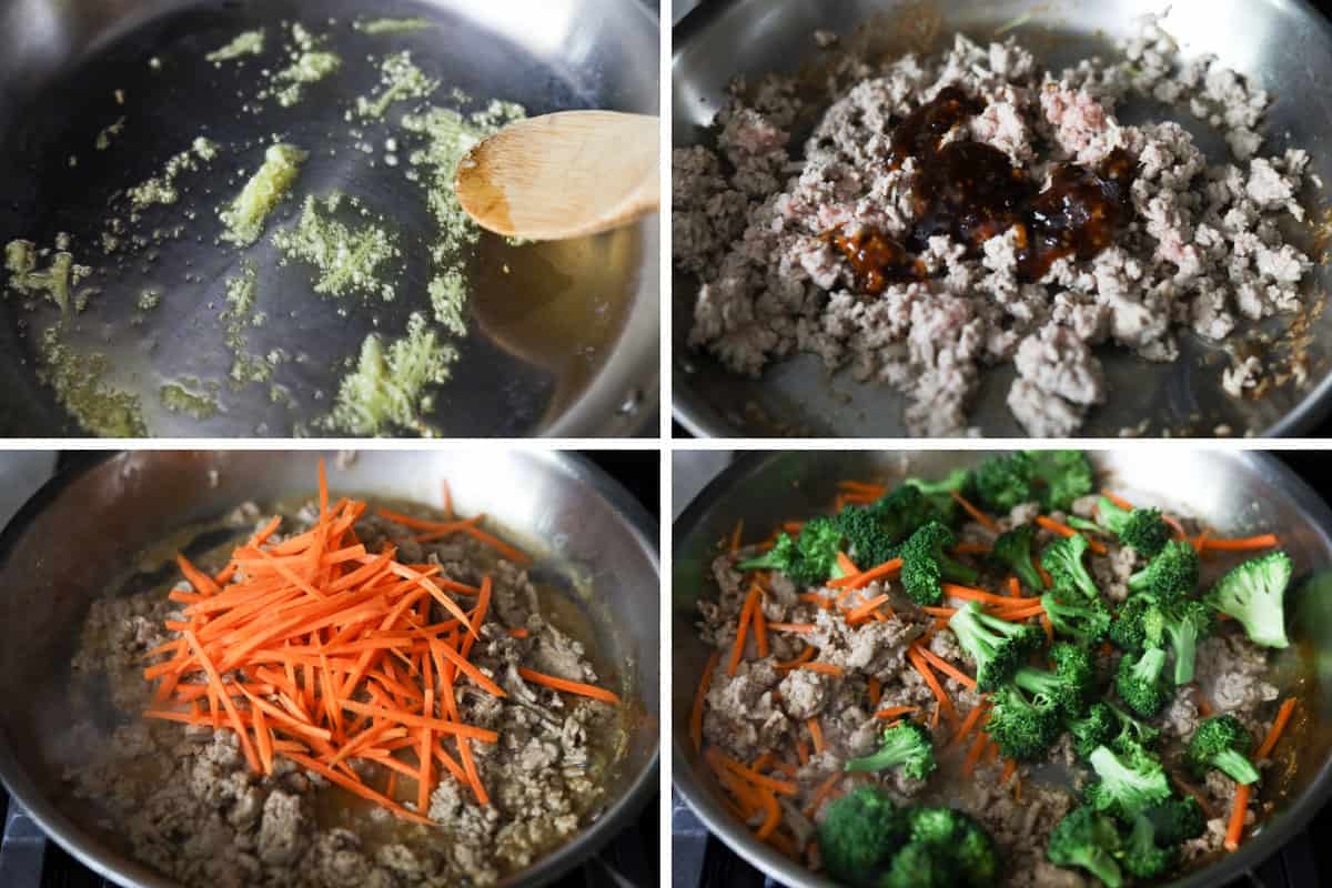 Grid image. Top left image of garlic and ginger in a pan. Top right image of ground meat and sauce in a pan. Bottom left image of carrots and meat in pan. Bottom right image of ground meat and vegetables in pan.