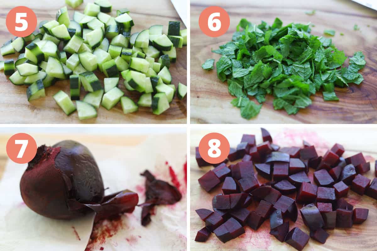 Step by step images of how to make beet and cucumber salad.