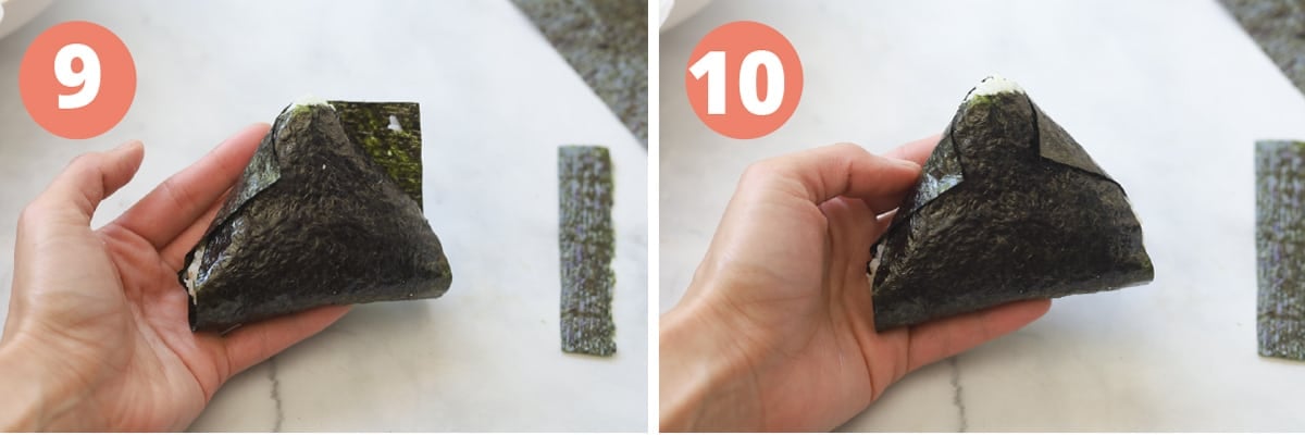 Images of folding seaweed over triangle rice.