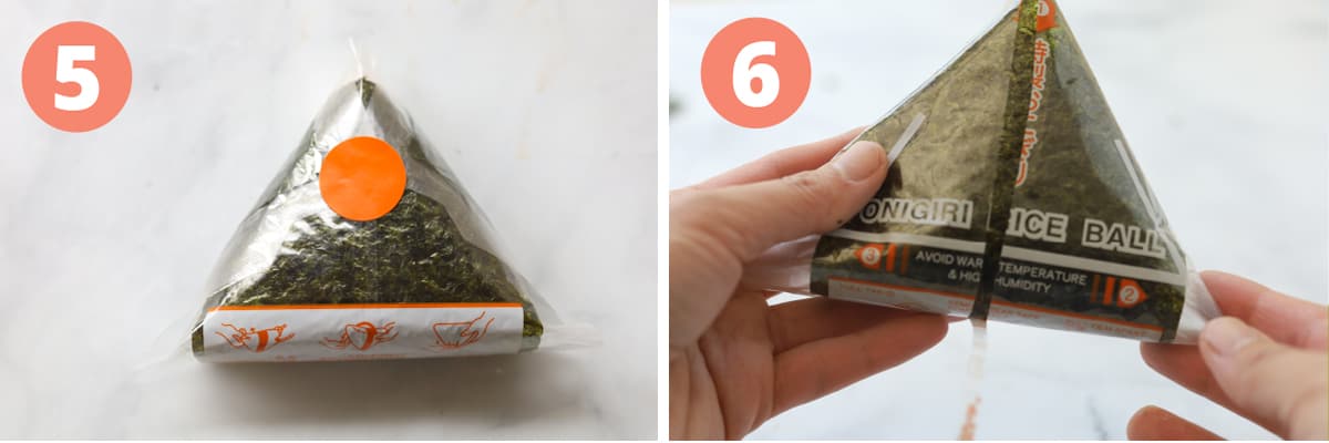 Collage image of onigiri triangle and how to open it.