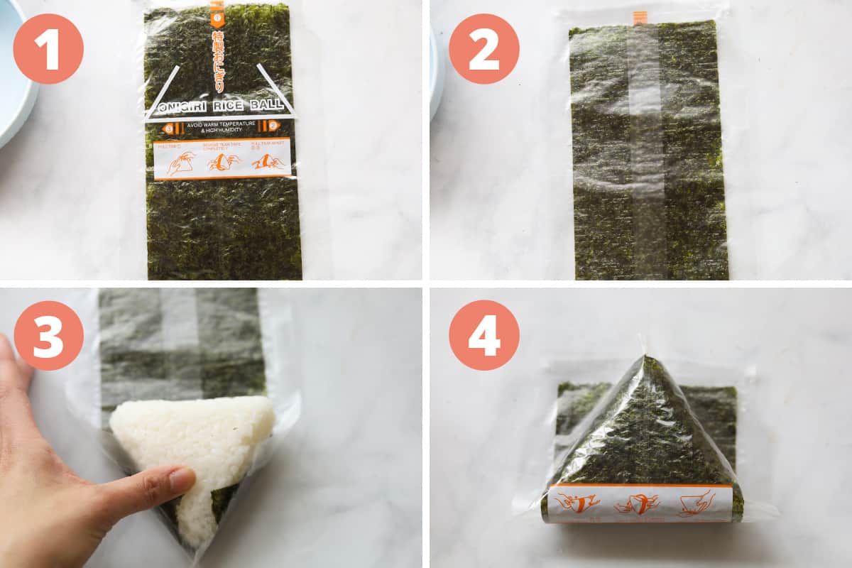 Collage image of steps on how to wrap rice in seaweed paper.
