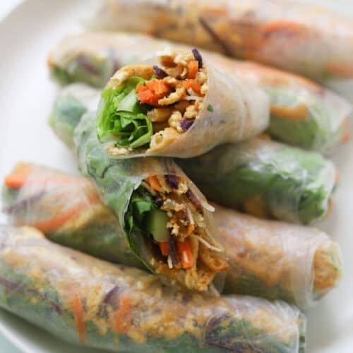 Closeup image of vegetarian tofu spring rolls on a plate.