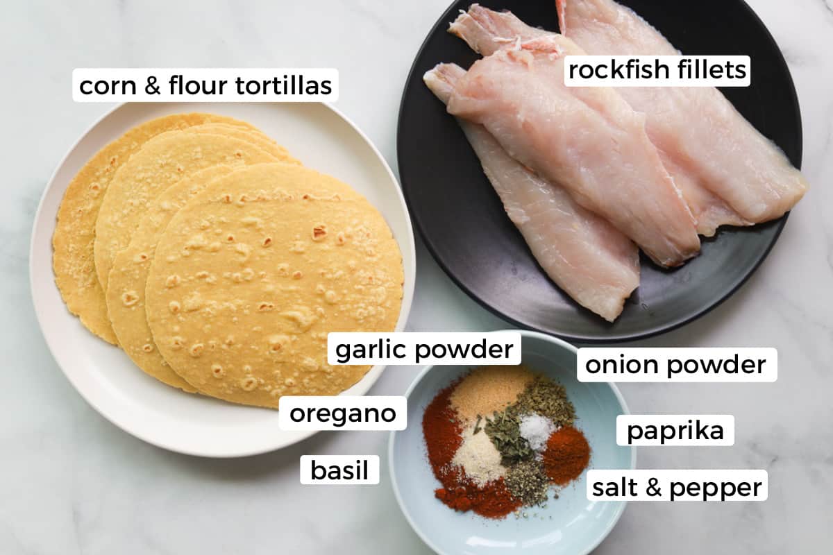 Ingredients for rockfish tacos and seasoning.
