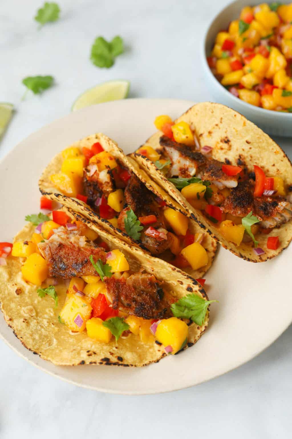 Blackened Rockfish Tacos with Mango Salsa - A Peachy Plate