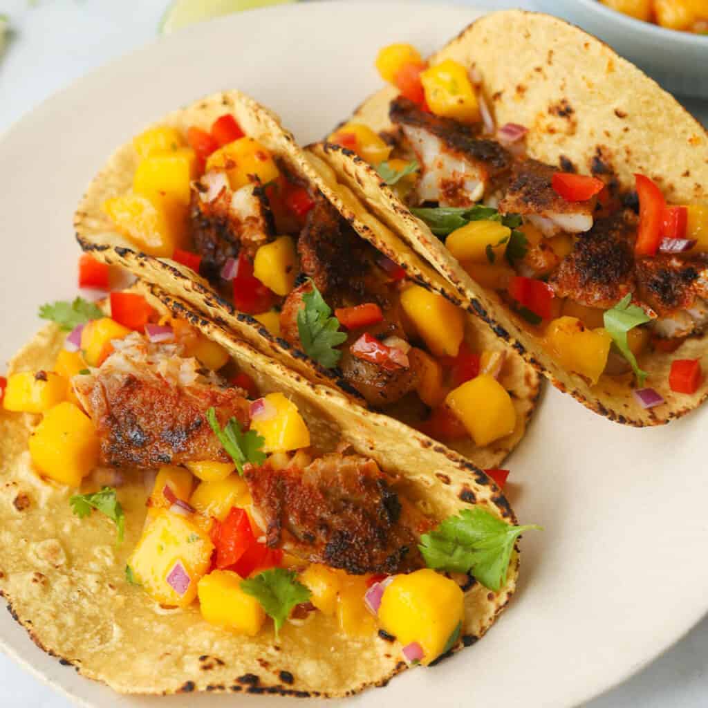 Blackened Rockfish Tacos with Mango Salsa - A Peachy Plate