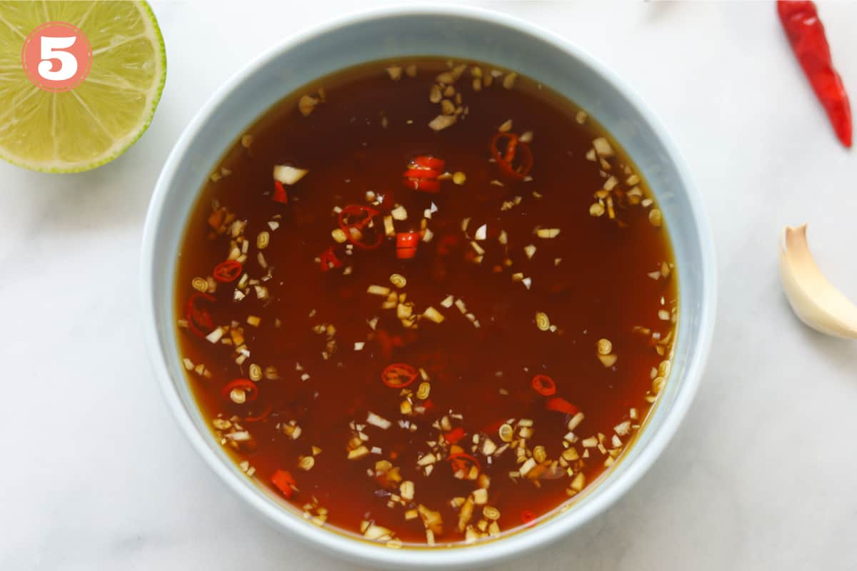 Bowl of vegan vietnamese dipping sauce.
