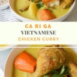 Yellow curry chicken with potatoes and carrots in a bowl.