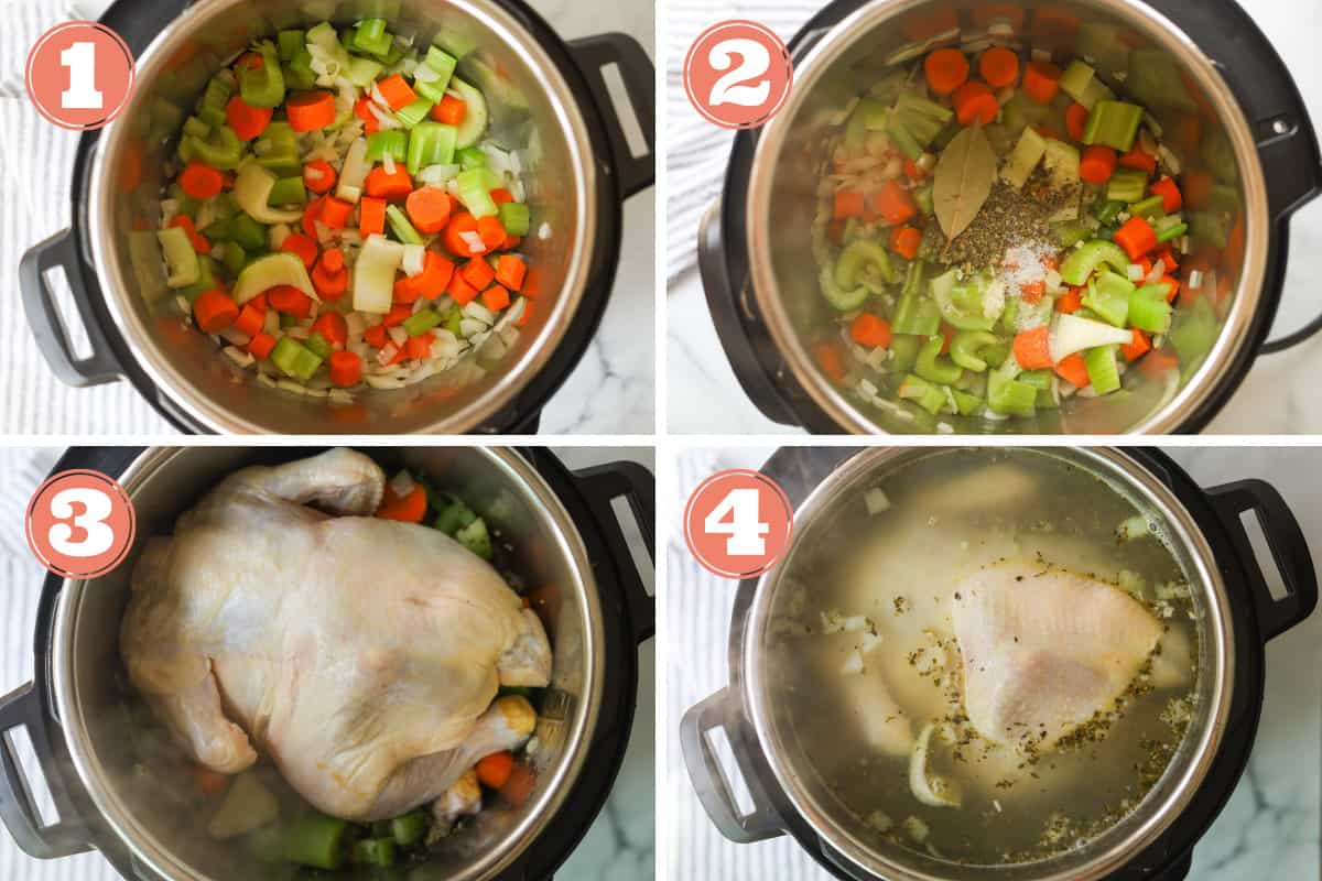 Step by step images to make instant pot chicken noodle soup.