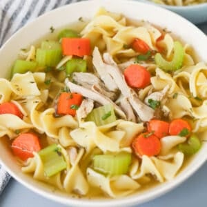 Bowl of chicken egg noodle soup with carrots and celery.