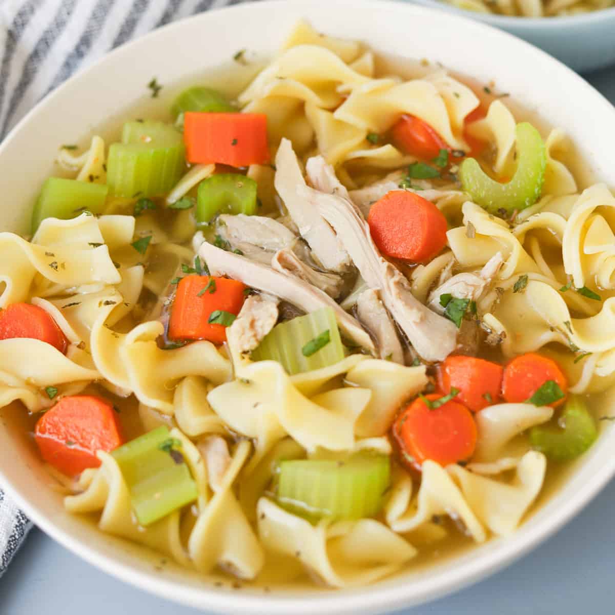 Chicken noodle soup in a bowl. 