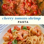 Shrimp pasta with cherry tomatoes and basil on a plate.