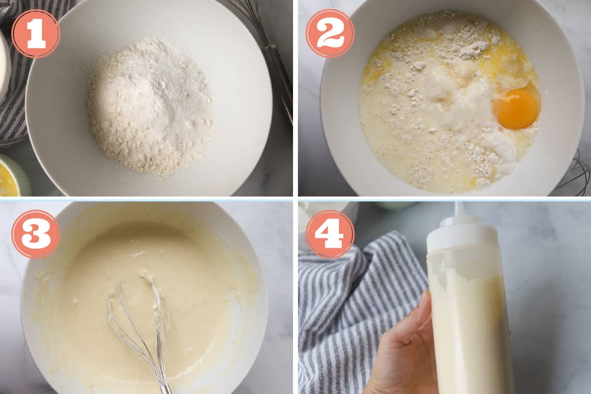 Steps to making pancake batter for Halloween pancakes.