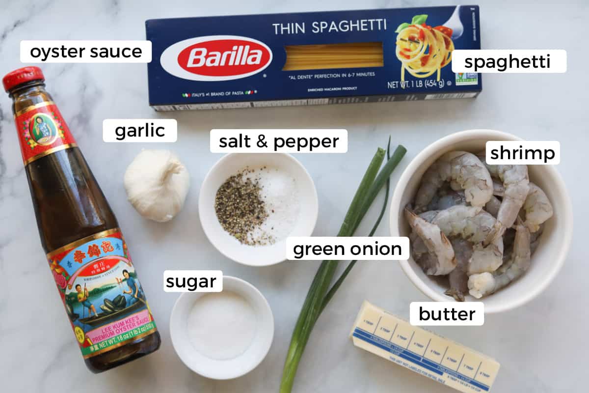 Ingredients for garlic shrimp noodles.