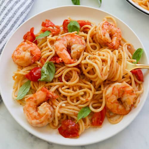 Easy Fresh Cherry Tomato Shrimp Basil Pasta - A Peachy Plate