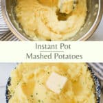 Blending mashed potatoes with a hand blender. Mashed potatoes in a bowl with butter topping.