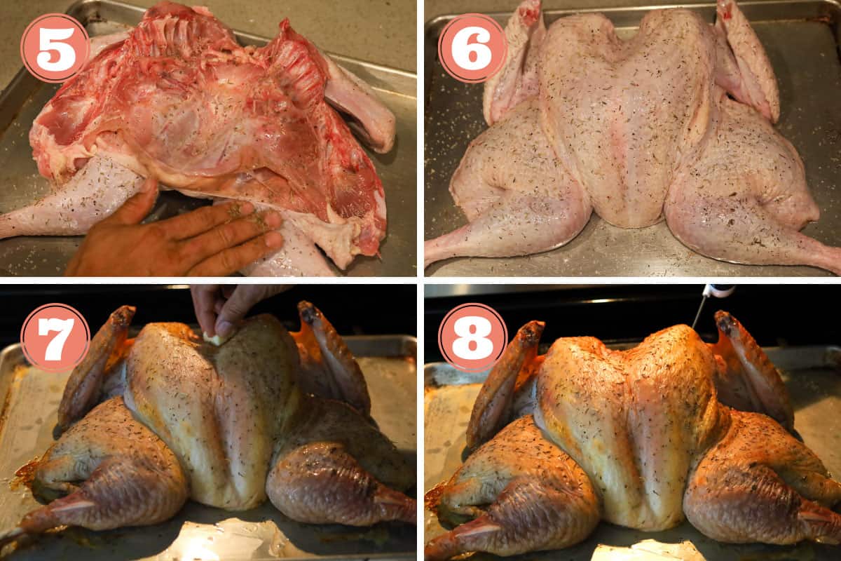 Images on how to season and cook a spatchcocked turkey.