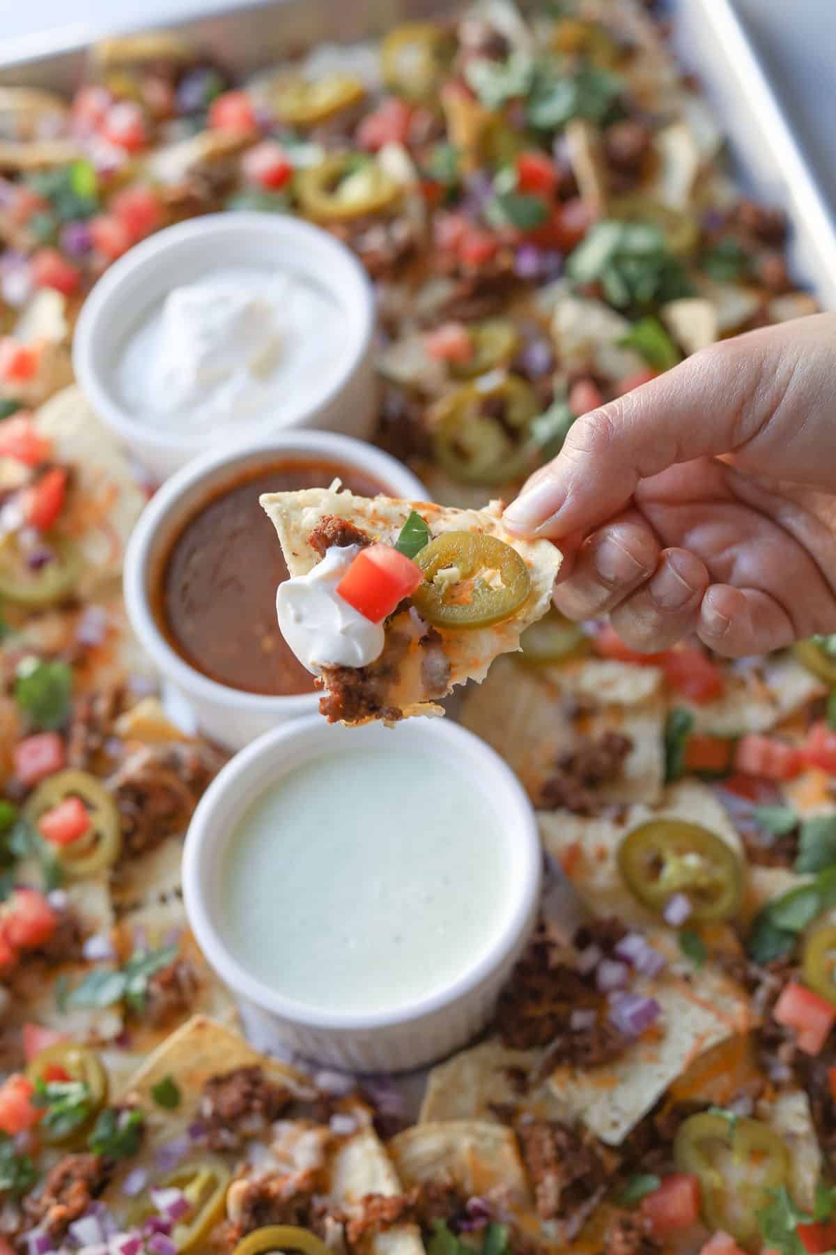 Hand holding nacho chip with toppings.