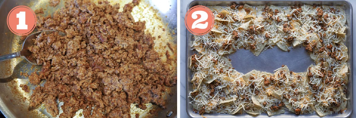 Steps on how to make ground beef and baked nachos.
