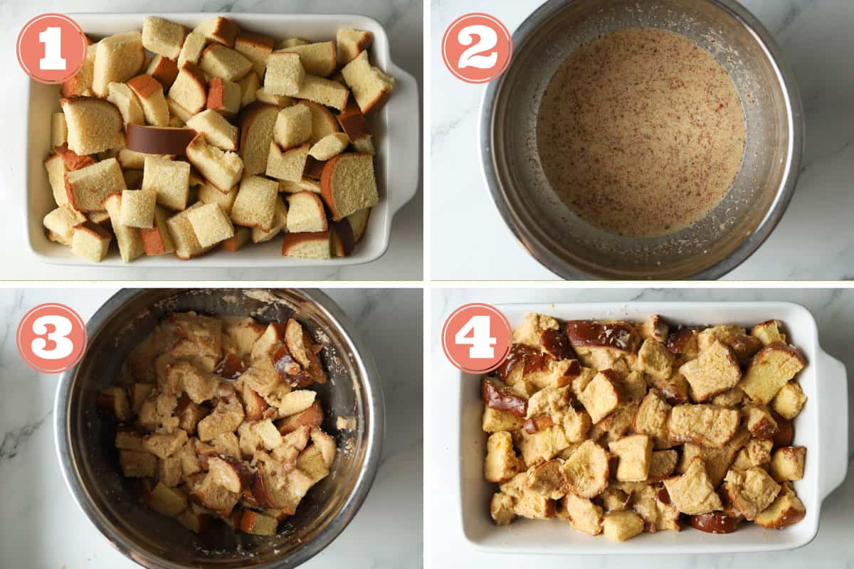 Steps on how to make french toast casserole.