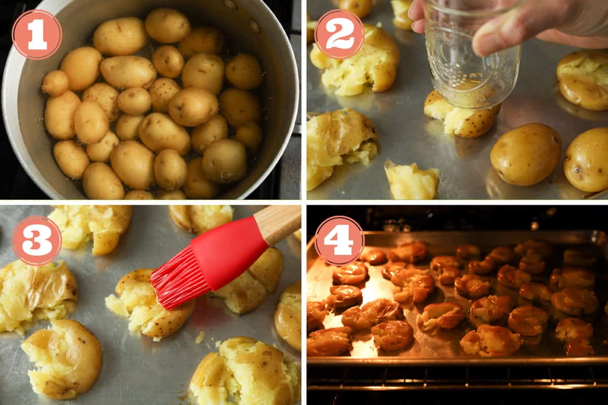 Step by step instructions on how to make roasted smashed potatoes.