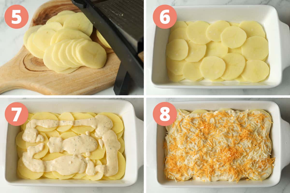 Steps on how to slice and layer scalloped potatoes dish.